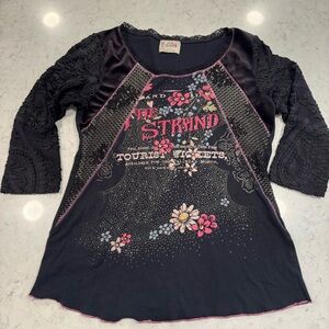 Y2K Edista 3/4 Length Top Women's Lg The Strand Made in USA Velvet Lace Floral